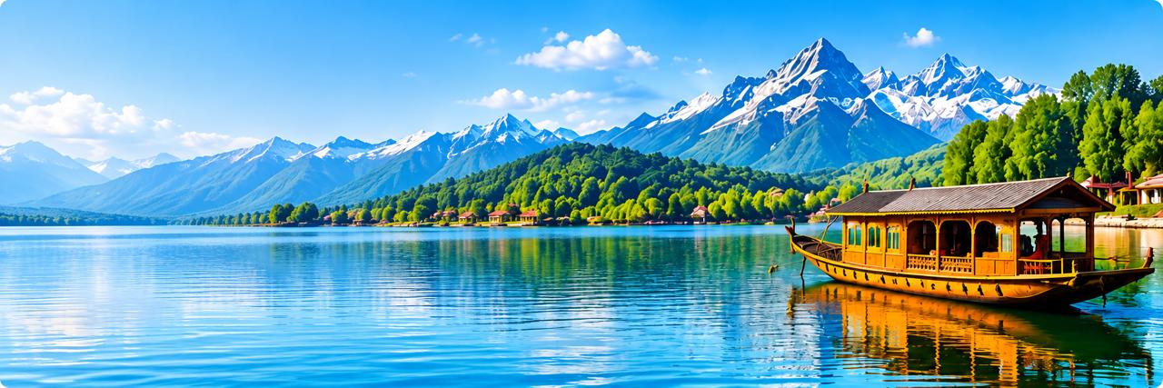 Kashmir Dal Lake Shikara Boat with Snow Mountains