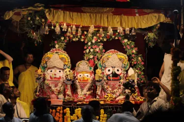 Lord Jagannath, Balabhadra and Subhadra idols at a temple in Odisha.