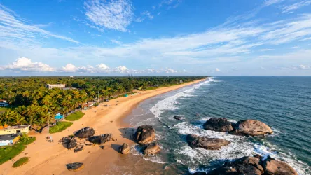 Aerial view of Pondicherry beach with golden sand