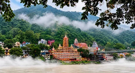 Tera Manzil Temple and Lakshman Jhula in Rishikesh, Uttarakhand, beside the Ganges River