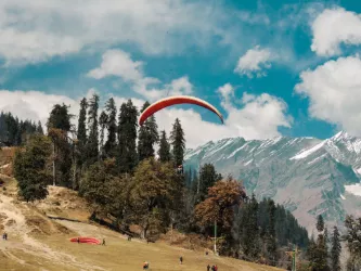 Paragliding over scenic green hills and pine forests with snow-capped Himalayan mountains